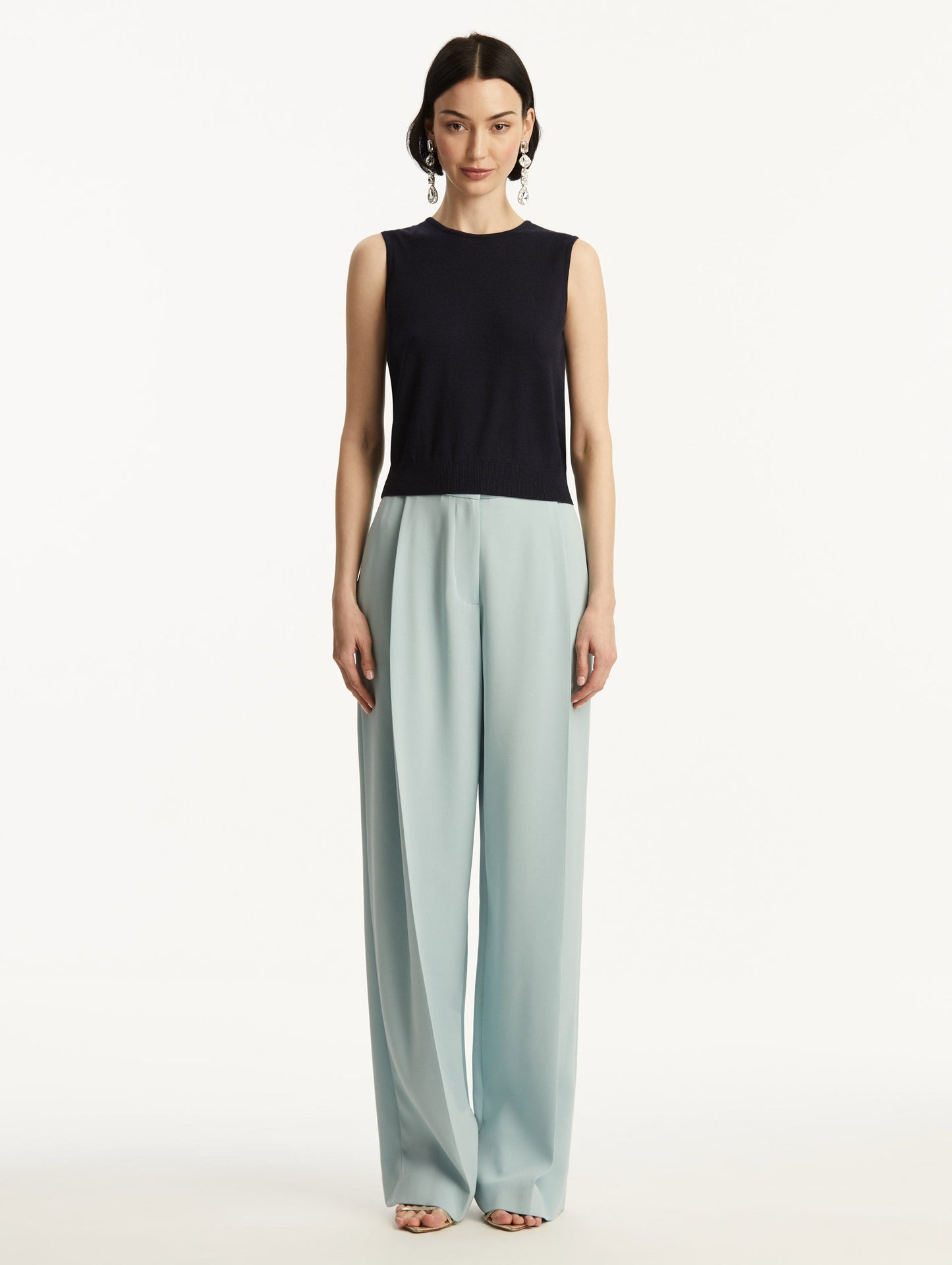 Navy Wool-Blend Tank, Styled with Baby Blue Pants, Front View.