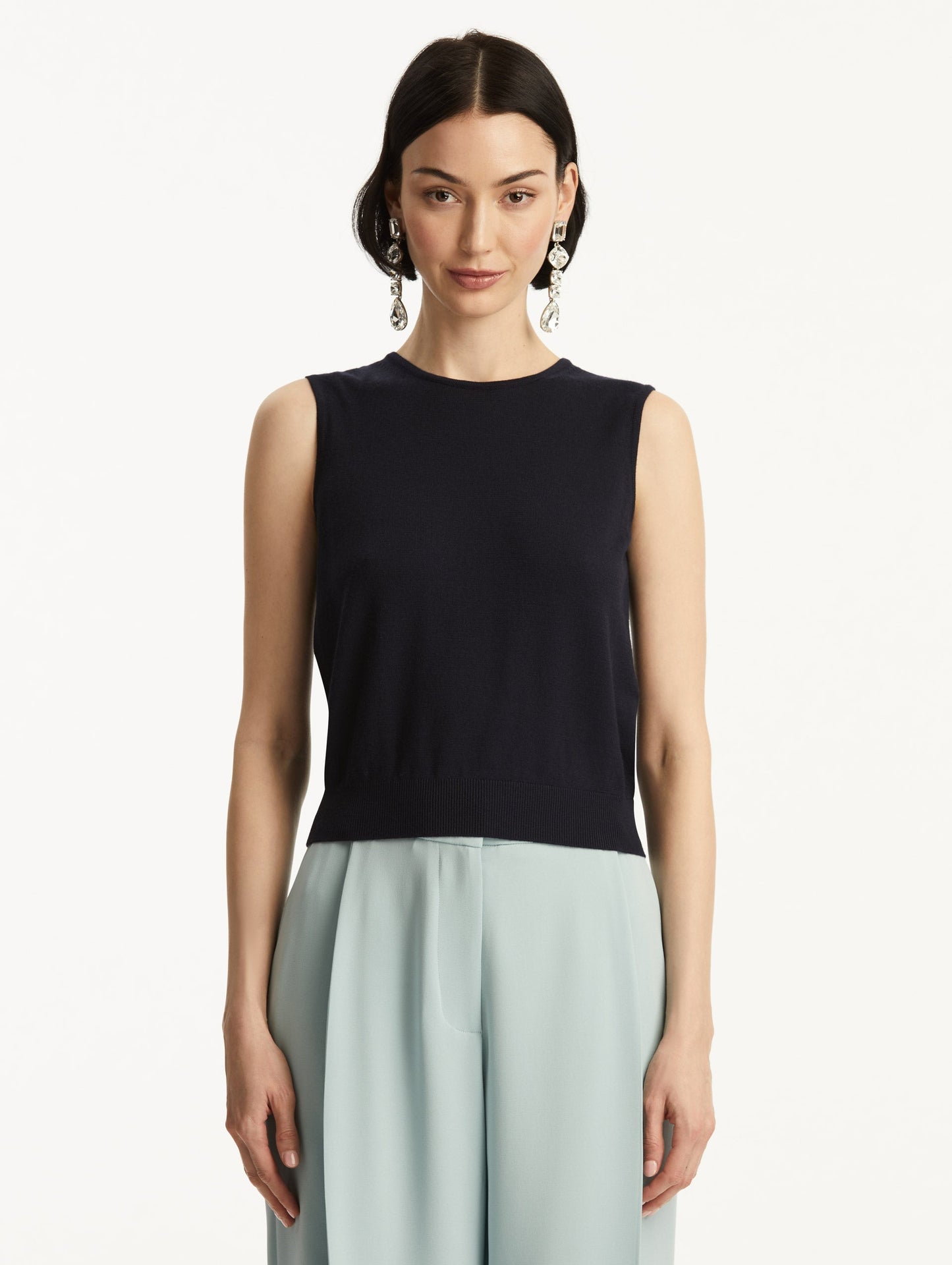 Navy Wool-Blend Tank, Styled with Baby Blue Pants, Front View.