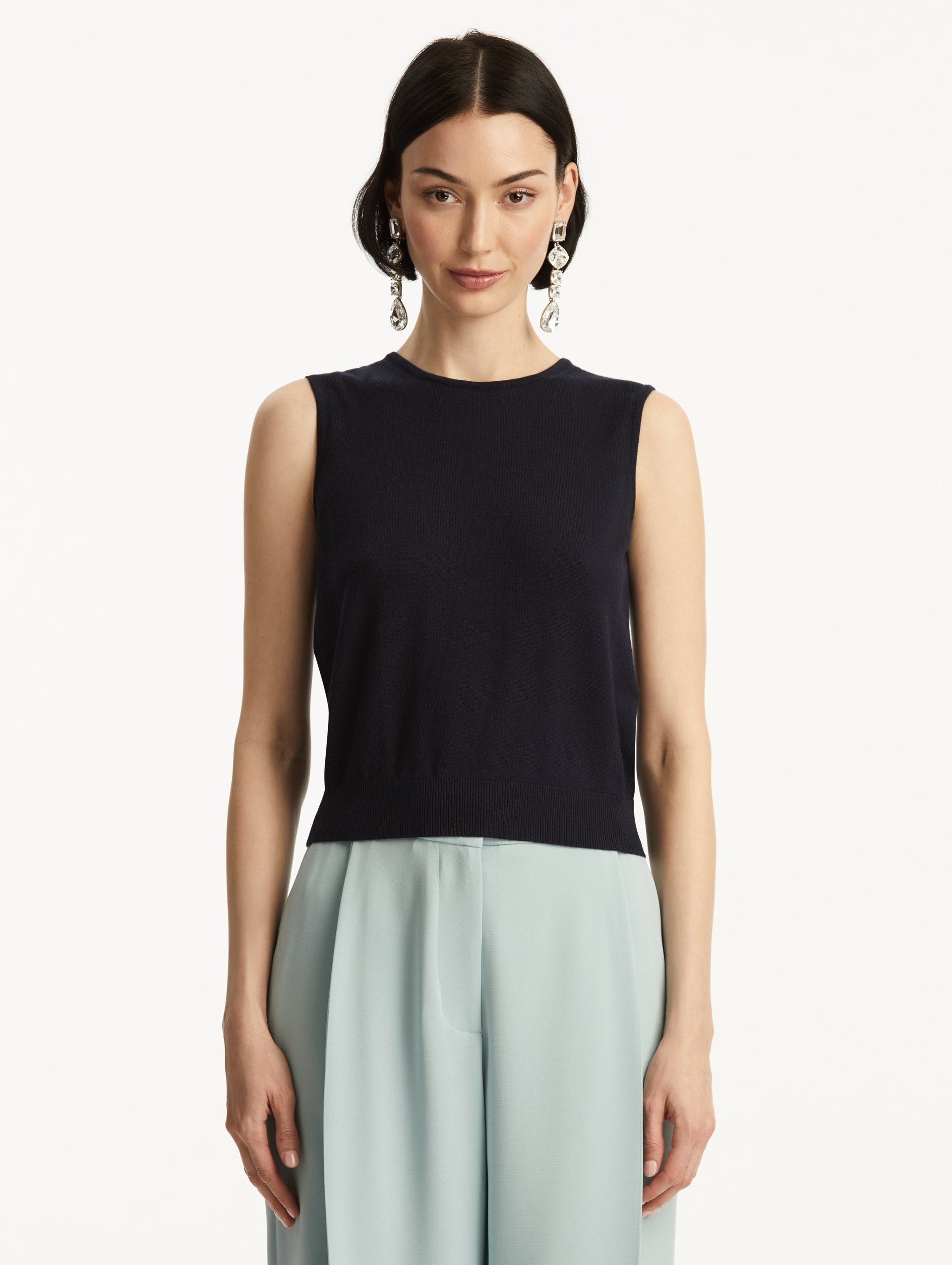 Navy Wool-Blend Tank, Styled with Baby Blue Pants, Front View.