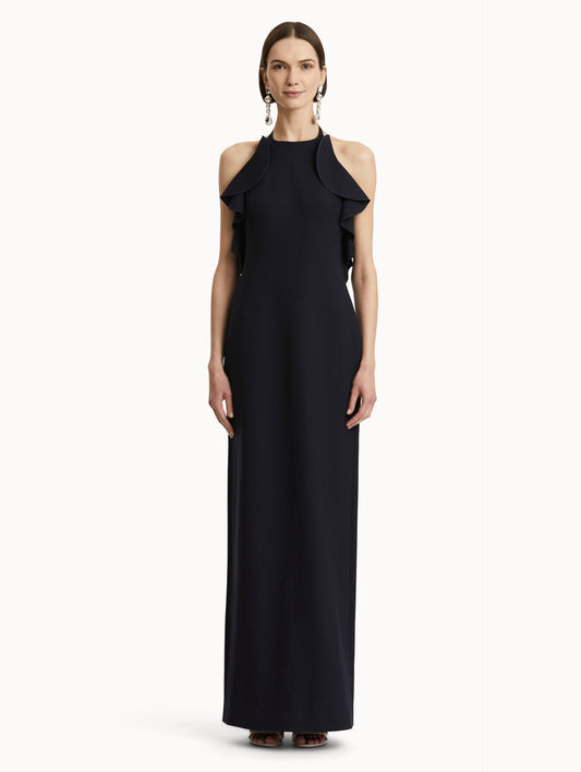 Ruffle-Detailed Column Gown in navy front view