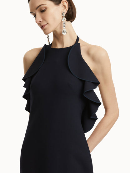 Ruffle-Detailed Column Gown in navy zoom view