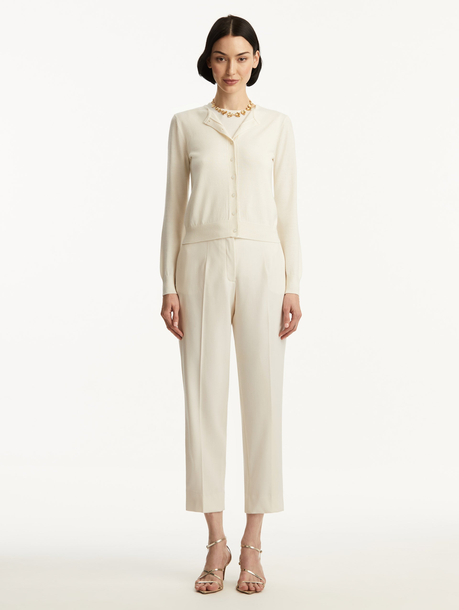 Wool-Blend White Button-Down Cardigan Styled with White Pants Front View