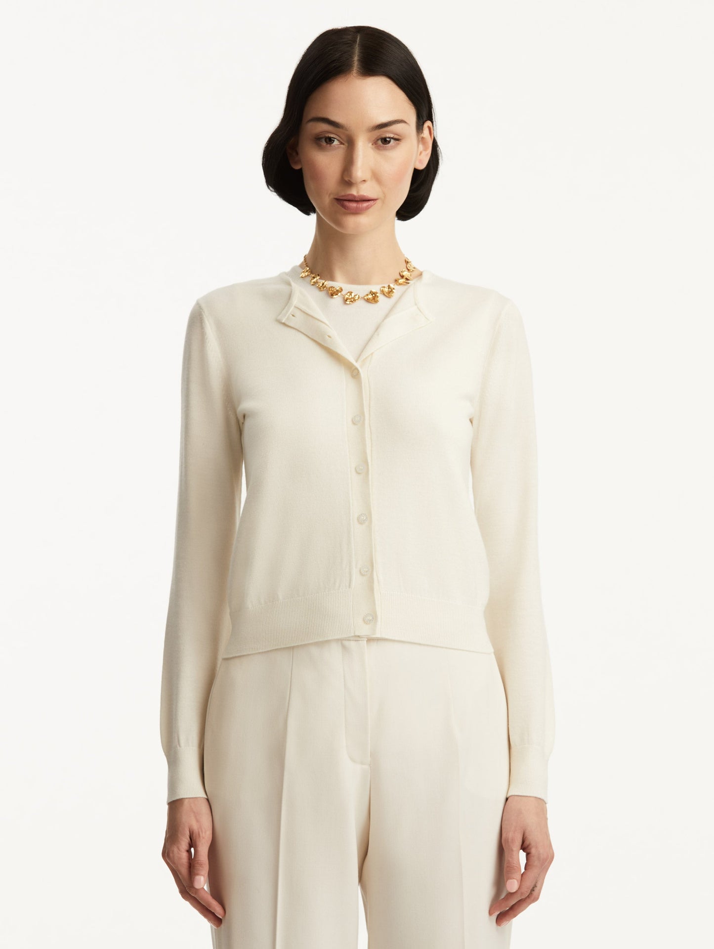 Wool-Blend White Button-Down Cardigan Styled with White Pants Front View