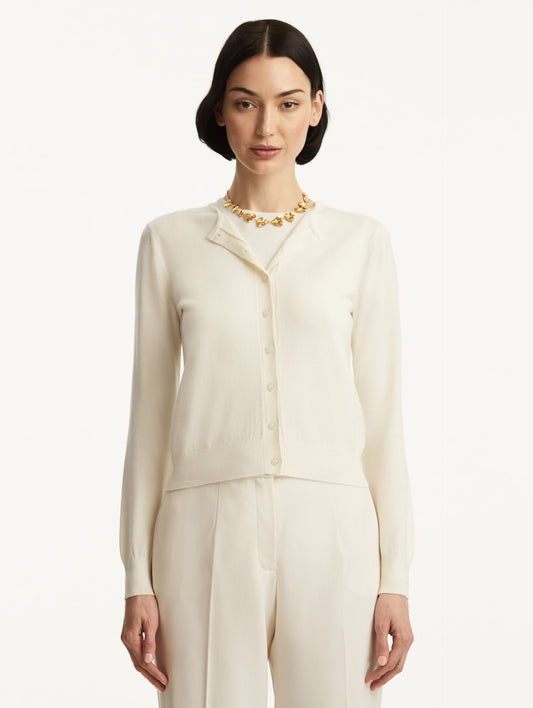 Wool-Blend White Button-Down Cardigan Styled with White Pants Front View