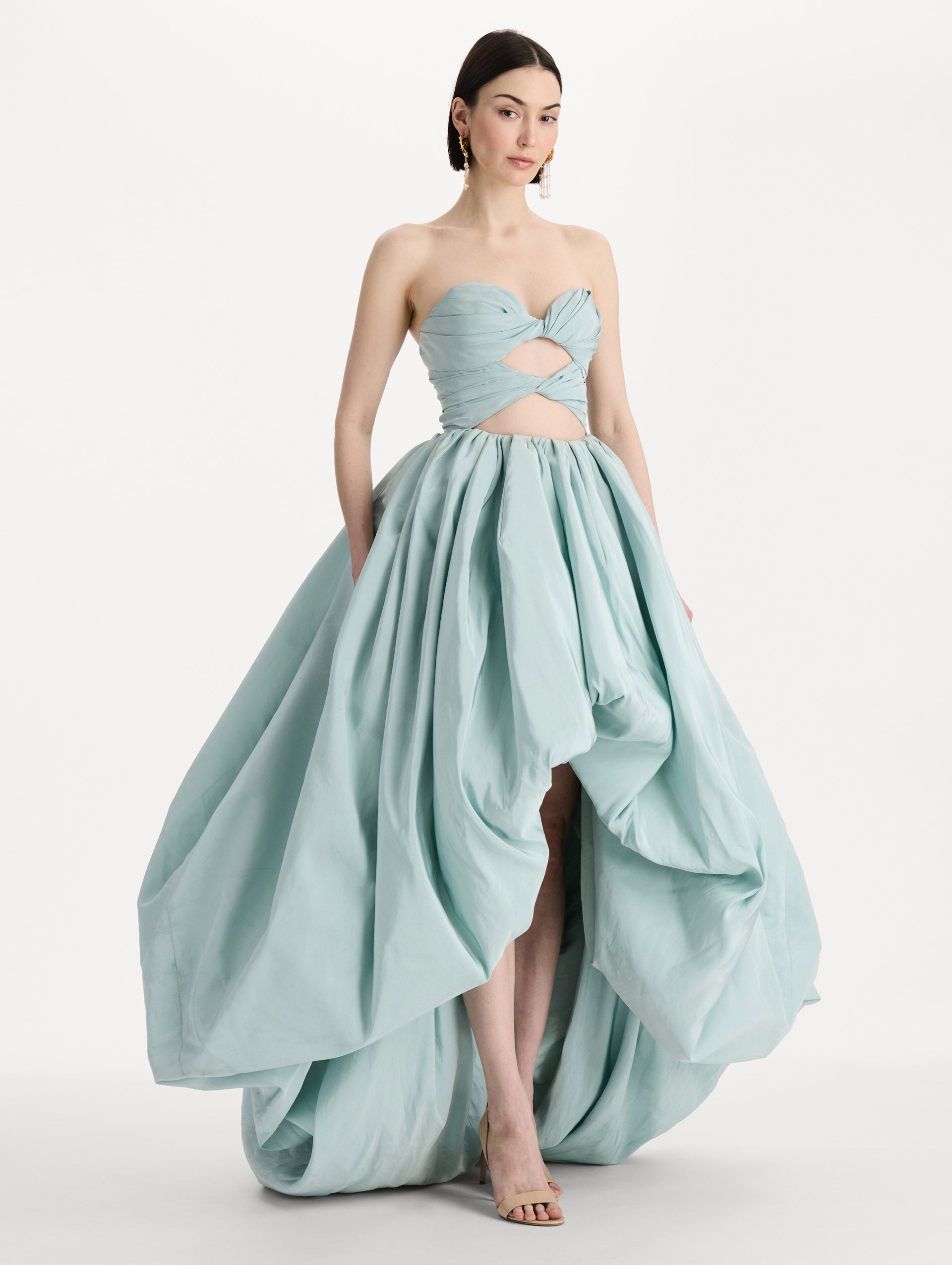 Silk Faille High-Low Gown in Saltwater. Side view.