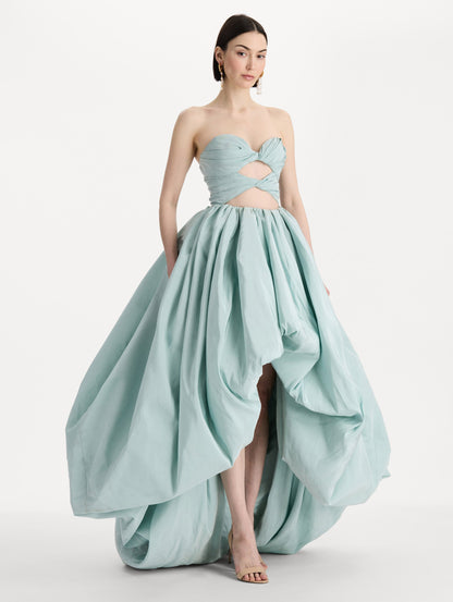 Silk Faille High-Low Gown in Saltwater. Side view.