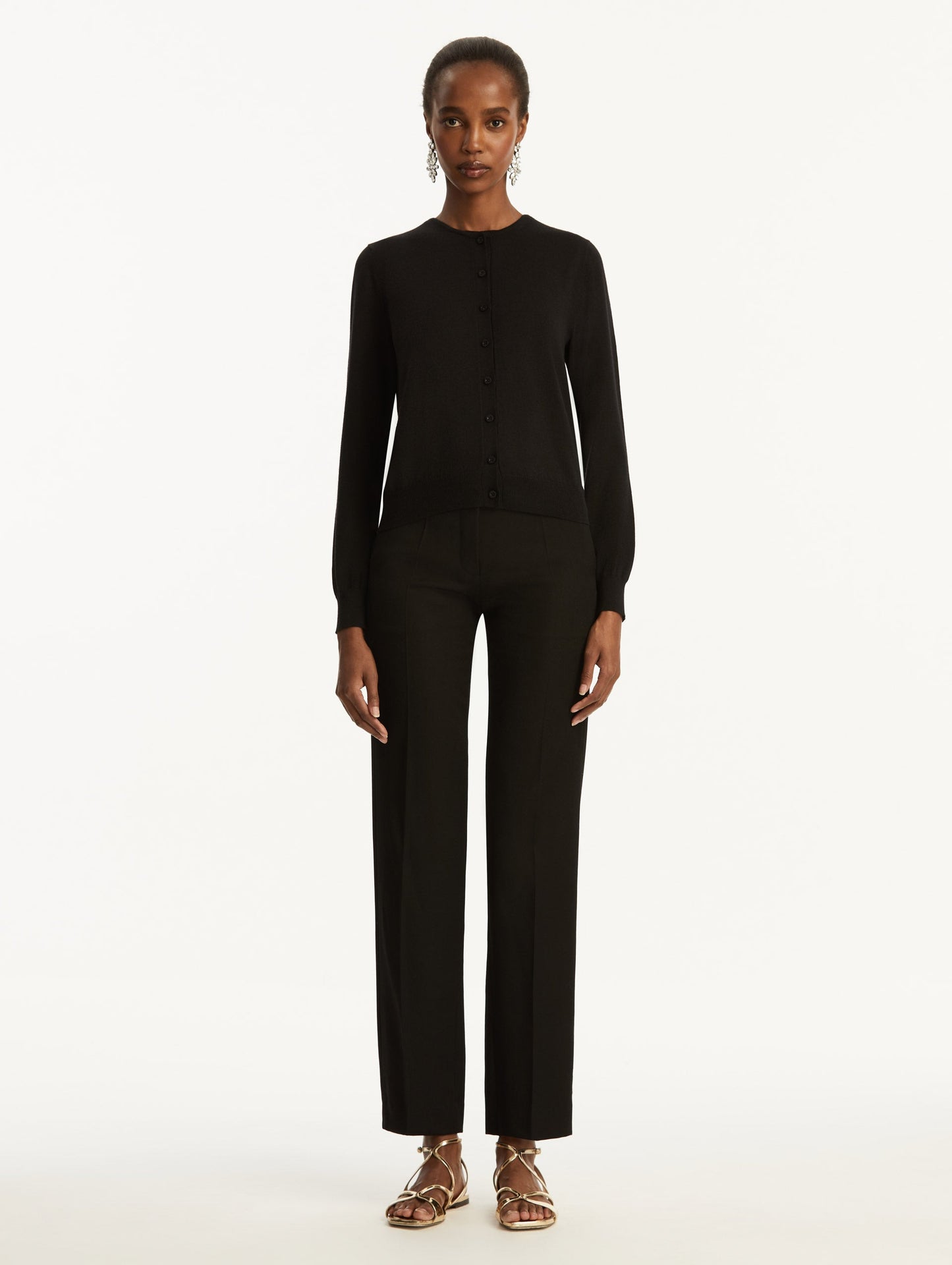 Wool-Blend Black Button-Down Cardigan Styled with Black Pants Front View