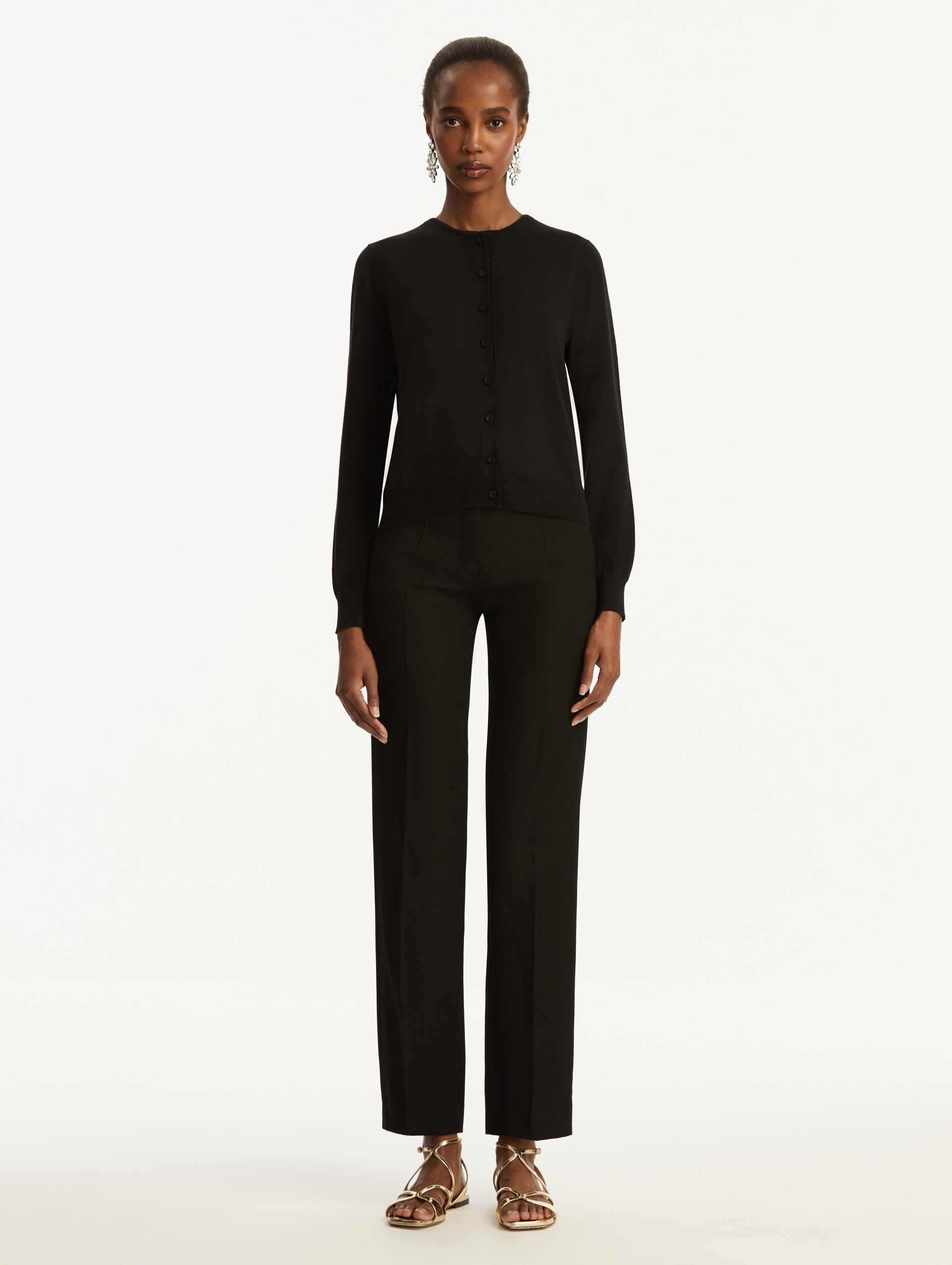Wool-Blend Black Button-Down Cardigan Styled with Black Pants Front View
