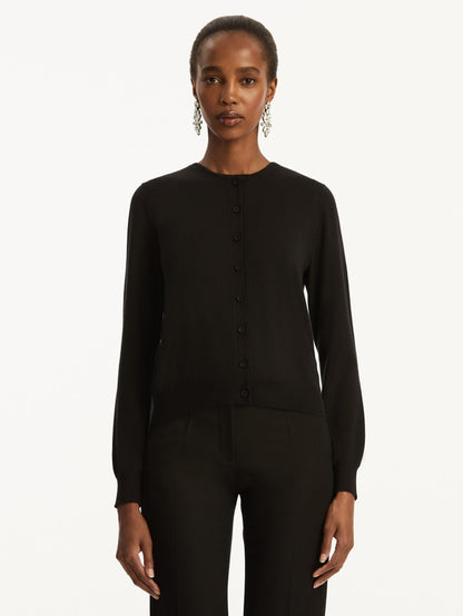 Wool-Blend Black Button-Down Cardigan Styled with Black Pants Front View