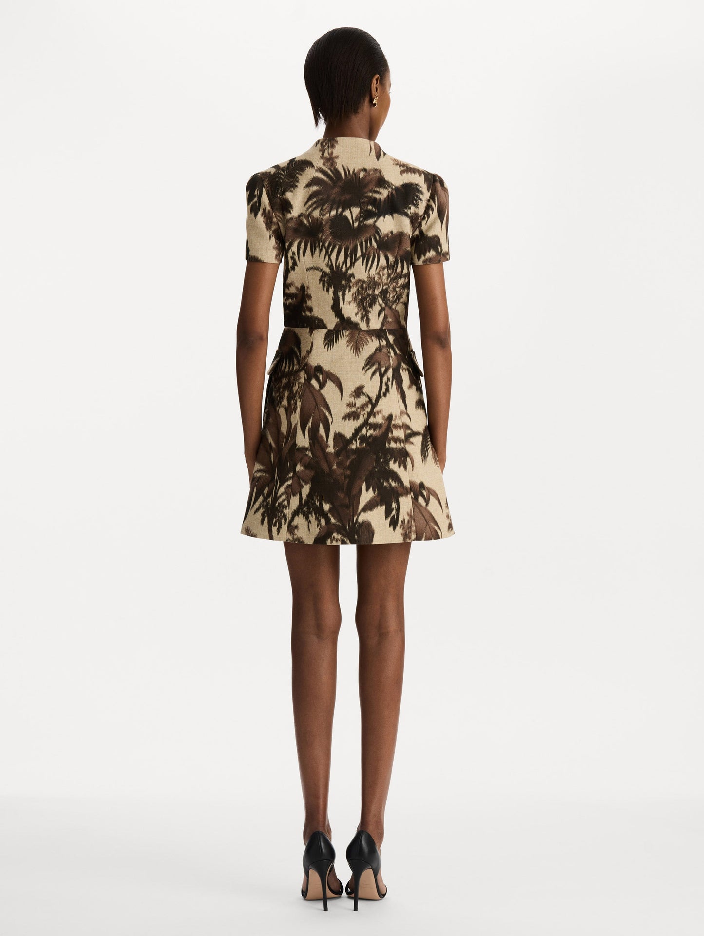 Chiné Palm Leaves Tweed Dress in Espresso and Ivory print. Back View.