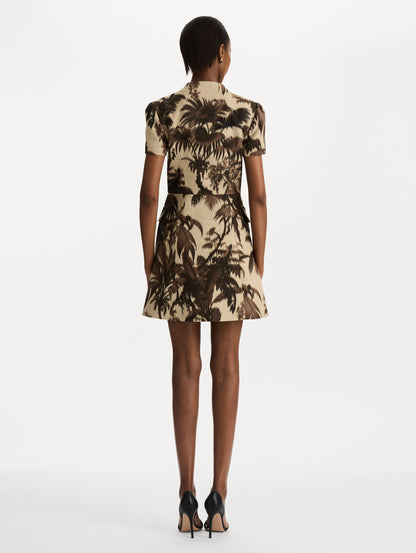 Chiné Palm Leaves Tweed Dress in Espresso and Ivory print. Back View.