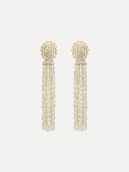 Ivory Tassel Clip-On Earrings with clustered stud top and long strand drops.