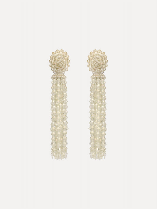 Ivory Tassel Clip-On Earrings with clustered stud top and long strand drops.