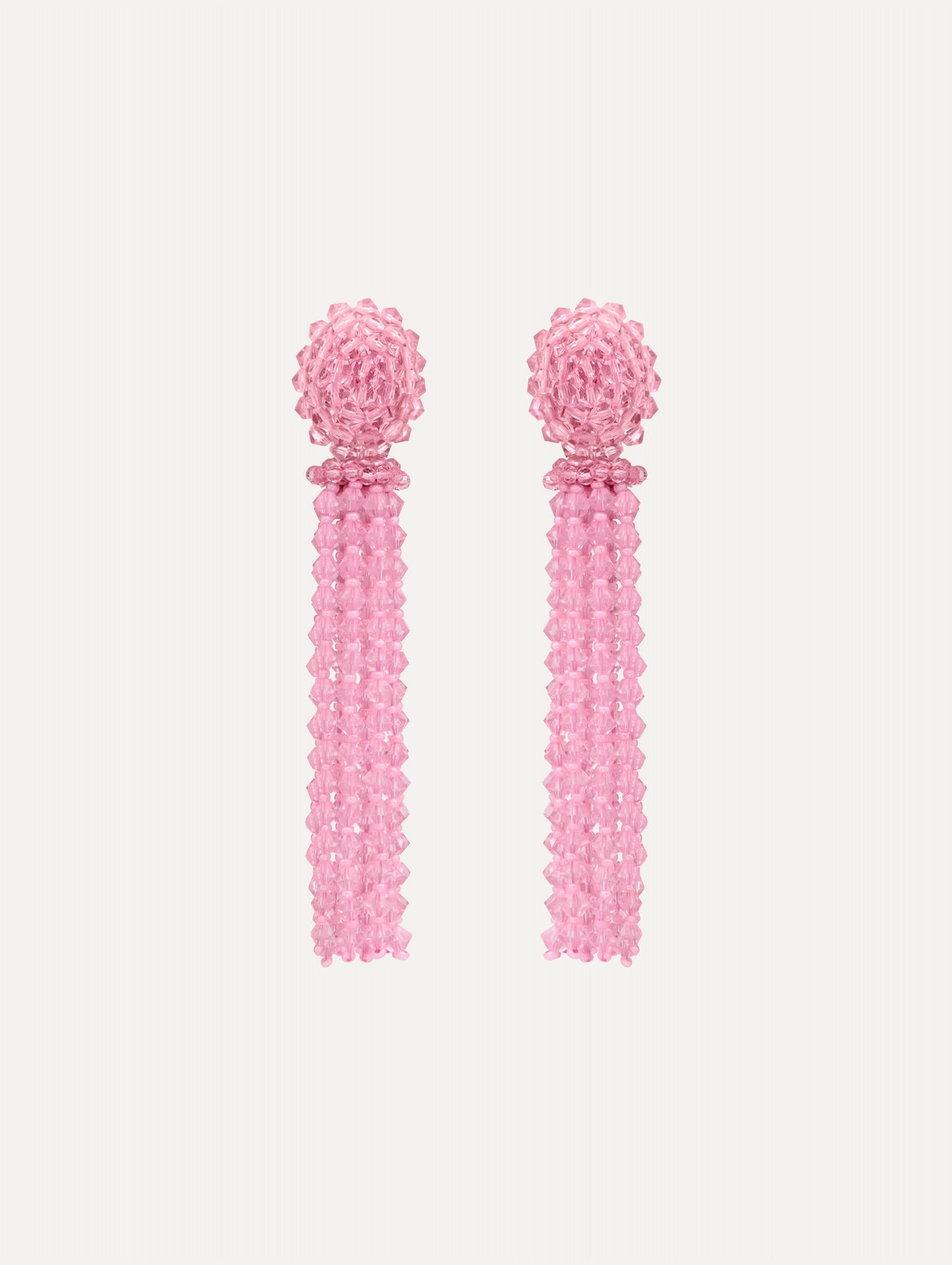 Pink Tassel Clip-On Earrings with clustered stud top and long strand drops.