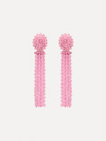 Pink Tassel Clip-On Earrings with clustered stud top and long strand drops.
