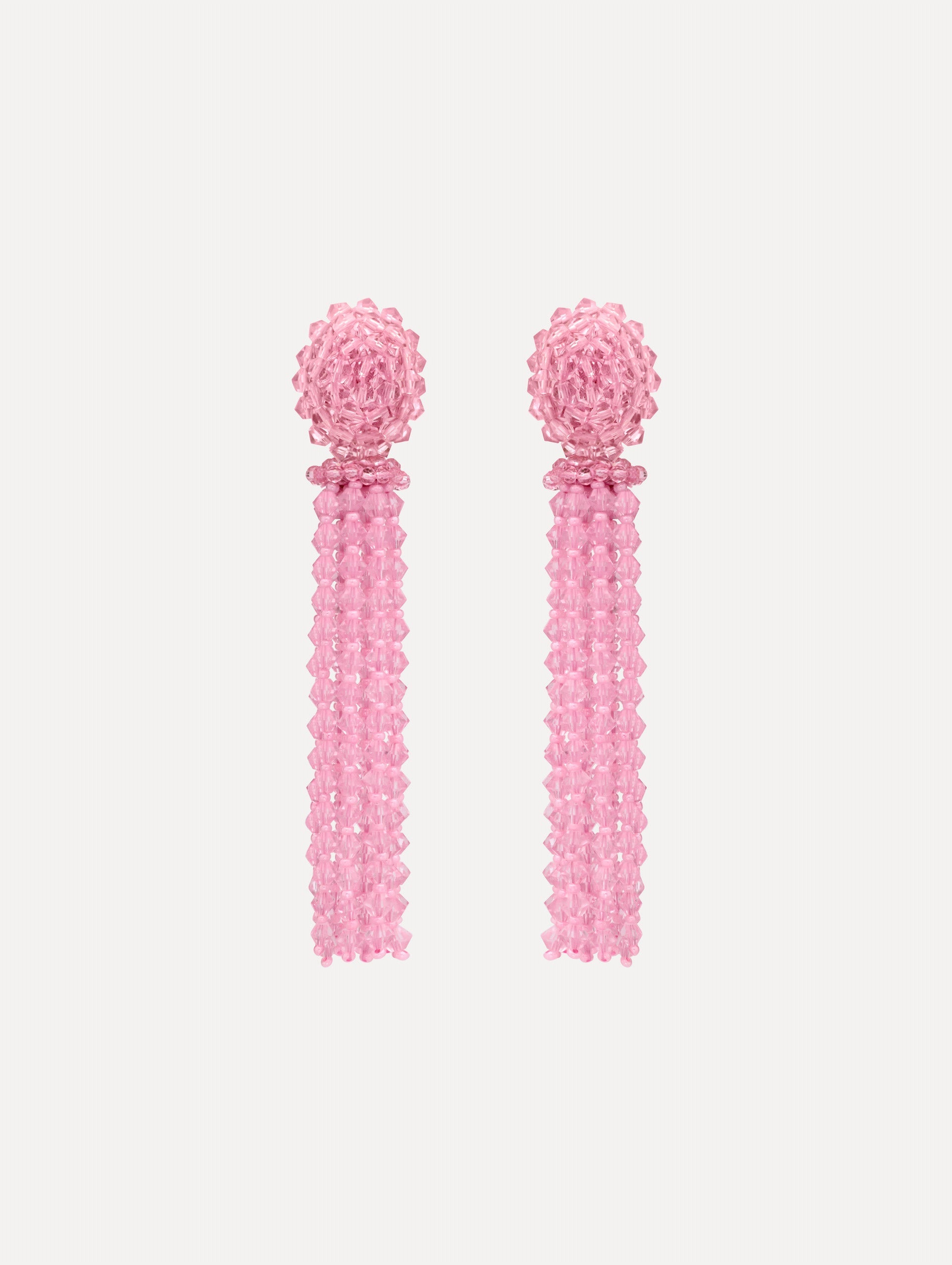 Pink Tassel Clip-On Earrings with clustered stud top and long strand drops.