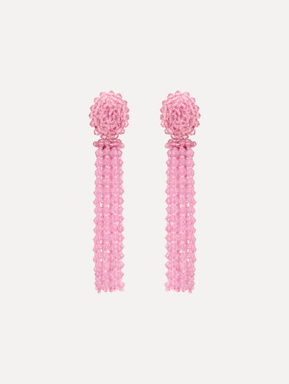 Pink Tassel Clip-On Earrings with clustered stud top and long strand drops.