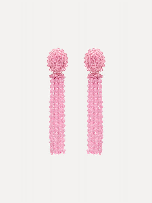 Pink Tassel Clip-On Earrings with clustered stud top and long strand drops.