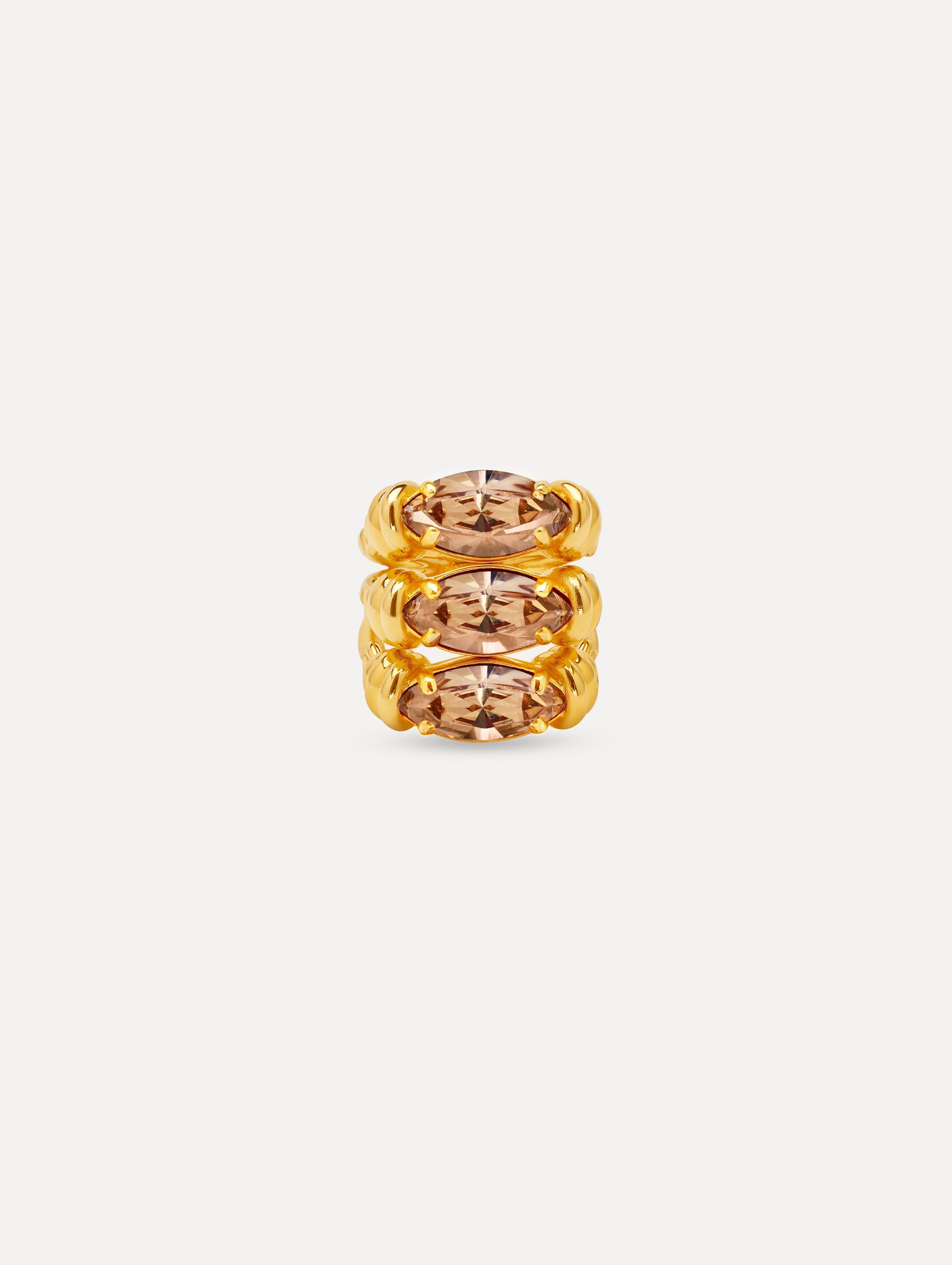 Gold Triple Navette Ring featuring three stacked marquise-cut champagne crystals set in parallel. Front View.