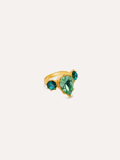 Gold Faceted Crystal Ring featuring a central pear-shaped green gemstone flanked by two round emerald-green stones.