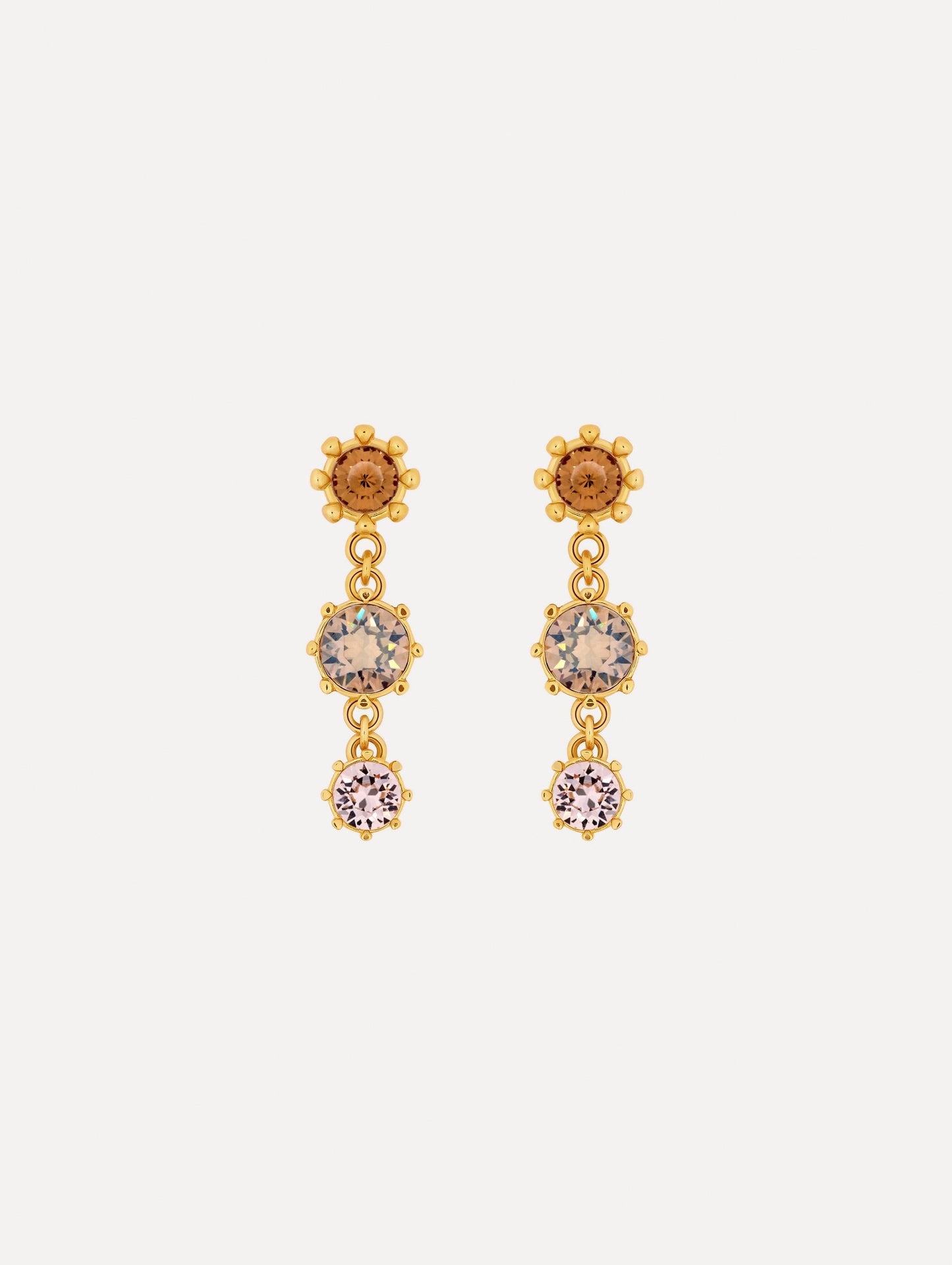Faceted Crystal Drop Earrings with floral studs, round champagne crystals, and pale pink crystal accents.