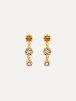Faceted Crystal Drop Earrings with floral studs, round champagne crystals, and pale pink crystal accents.
