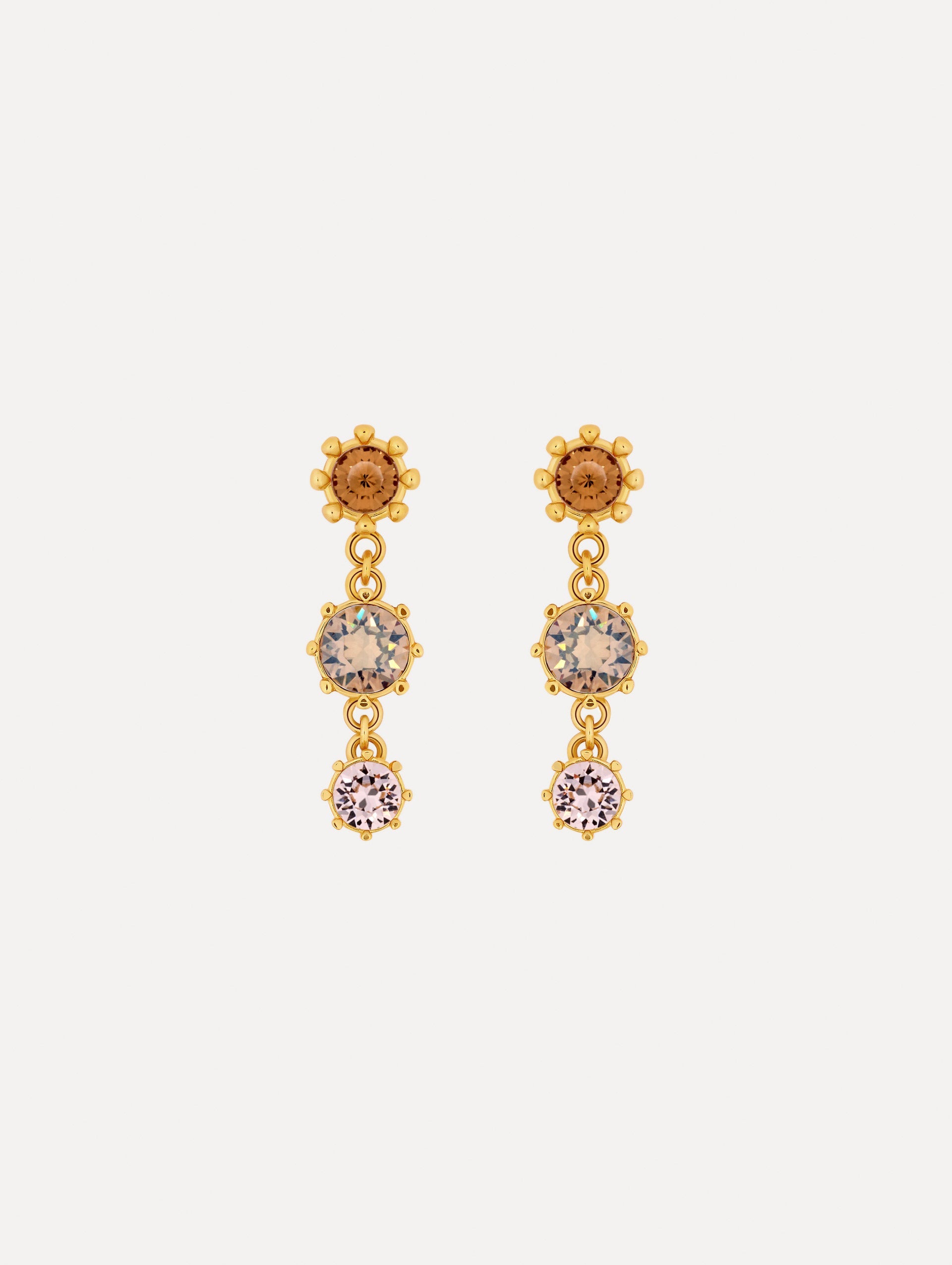 Faceted Crystal Drop Earrings with floral studs, round champagne crystals, and pale pink crystal accents.