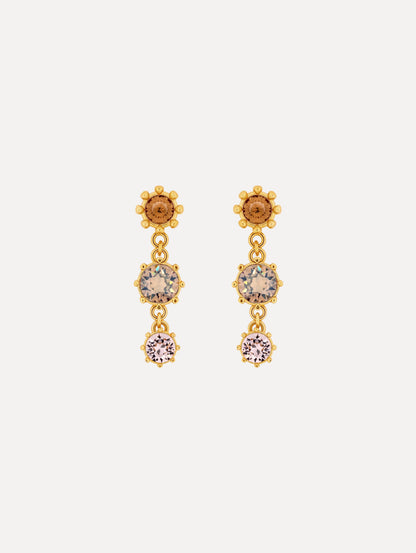 Faceted Crystal Drop Earrings with floral studs, round champagne crystals, and pale pink crystal accents.