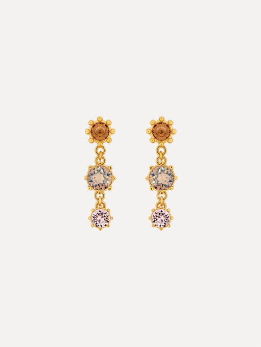 Faceted Crystal Drop Earrings with floral studs, round champagne crystals, and pale pink crystal accents.
