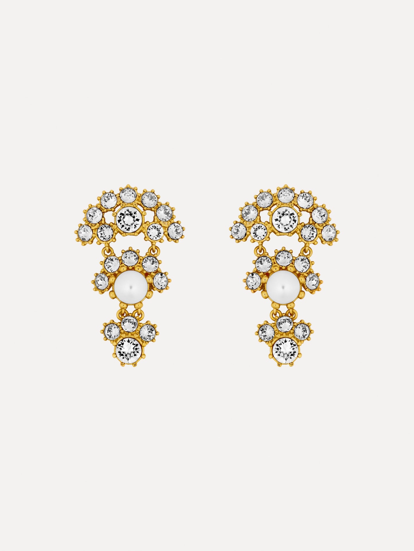 Gold Faceted Crystal Arch Drop Earrings featuring clustered round crystals with central pearl accents.