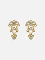 Gold Faceted Crystal Arch Drop Earrings featuring clustered round crystals with central pearl accents.