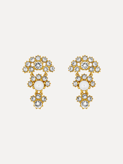 Gold Faceted Crystal Arch Drop Earrings featuring clustered round crystals with central pearl accents.