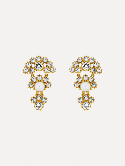 Gold Faceted Crystal Arch Drop Earrings featuring clustered round crystals with central pearl accents.