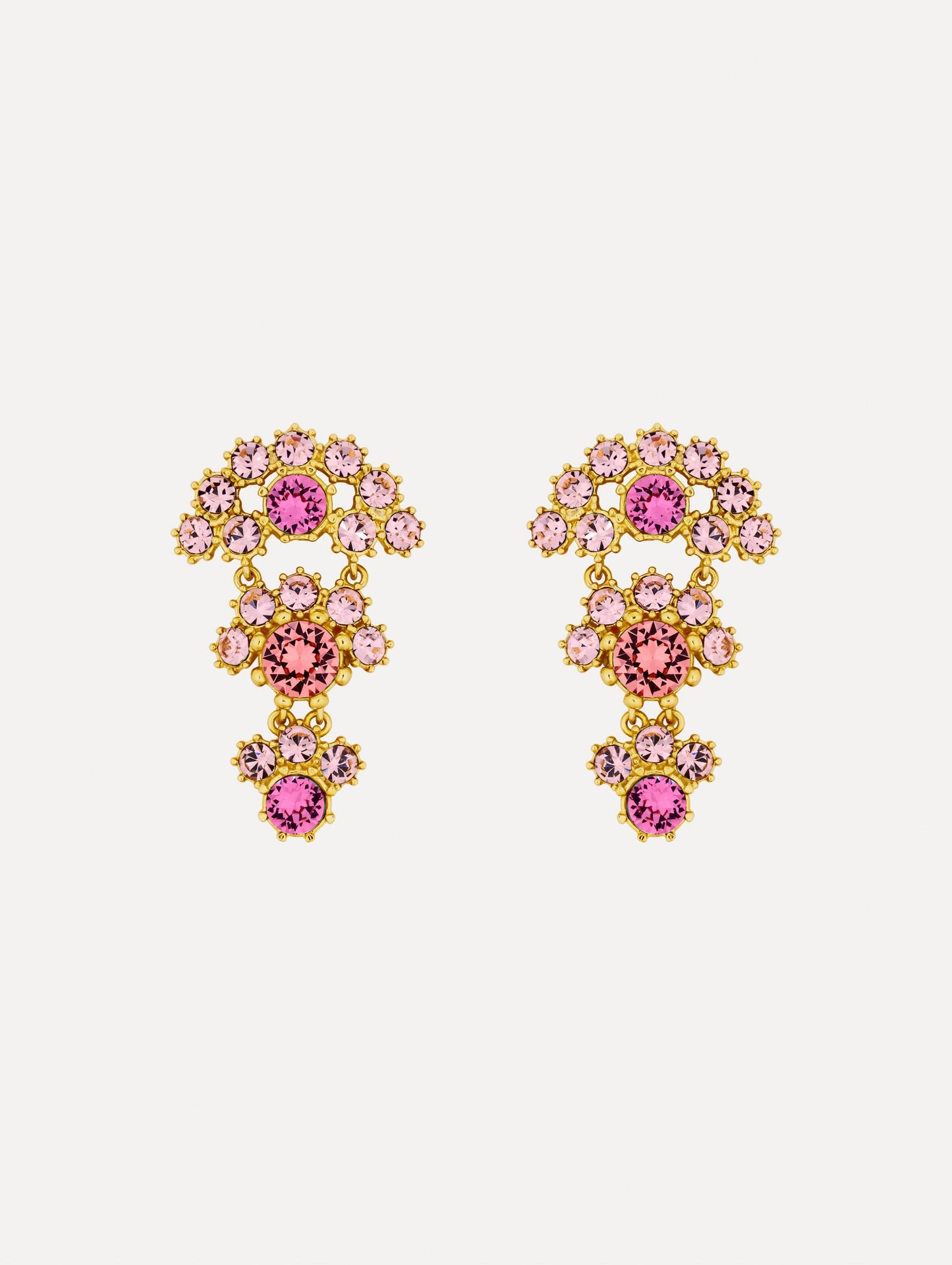 Gold Faceted Crystal Arch Drop Earrings featuring clustered round pink crystals with central darker pink accents.