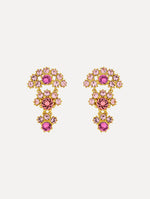 Gold Faceted Crystal Arch Drop Earrings featuring clustered round pink crystals with central darker pink accents.