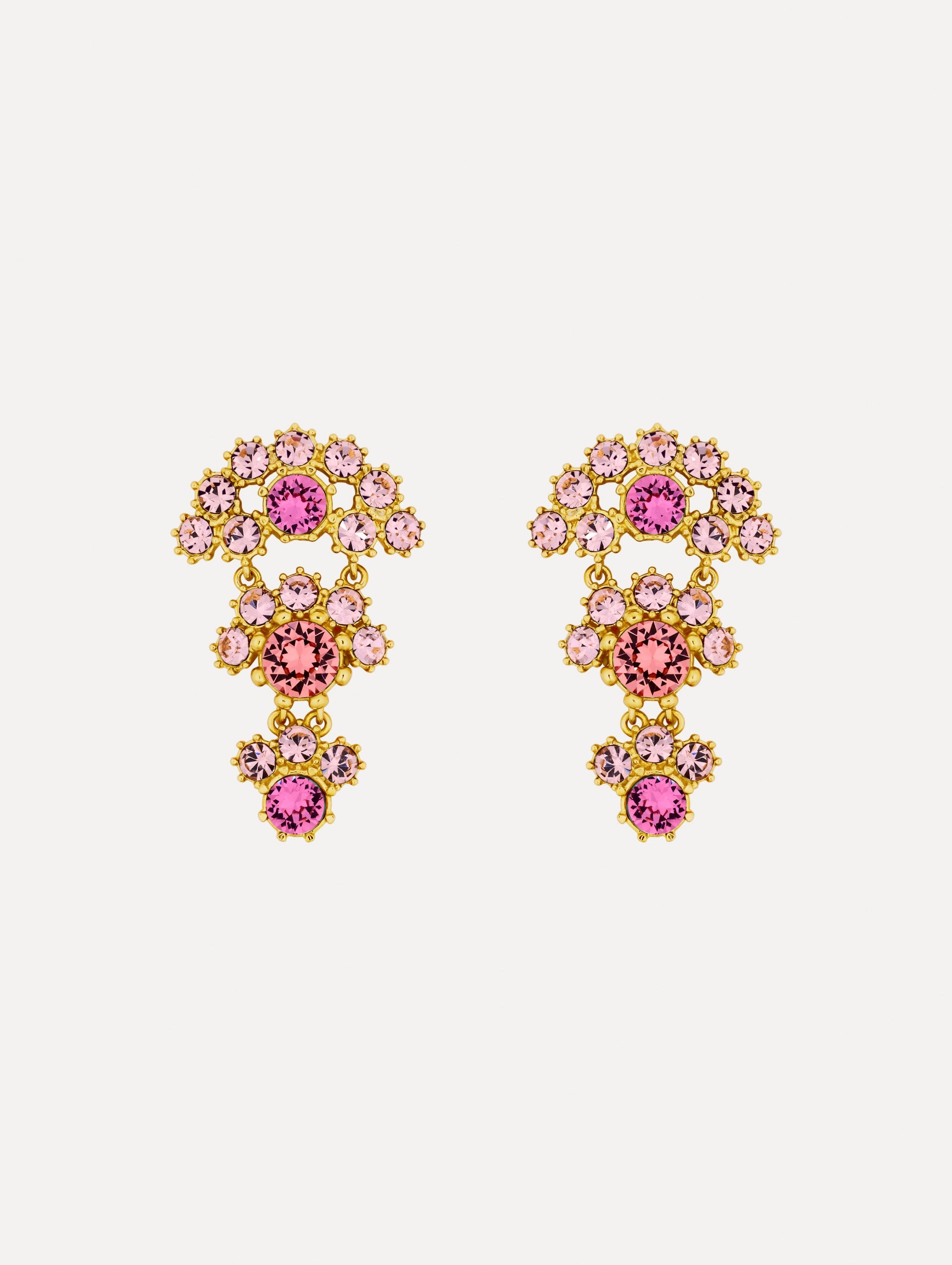 Gold Faceted Crystal Arch Drop Earrings featuring clustered round pink crystals with central darker pink accents.