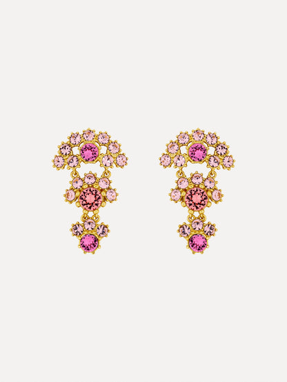 Gold Faceted Crystal Arch Drop Earrings featuring clustered round pink crystals with central darker pink accents.