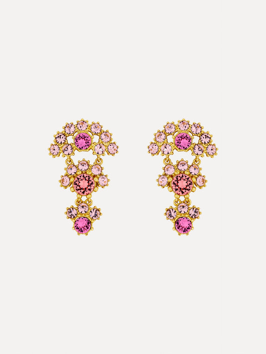 Gold Faceted Crystal Arch Drop Earrings featuring clustered round pink crystals with central darker pink accents.