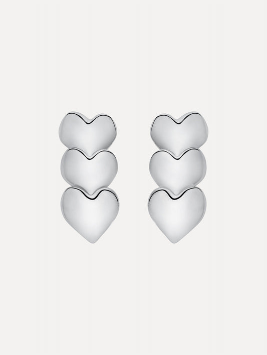 Silver Heart Drop Clip-On Earrings featuring a vertical stack of three hearts.