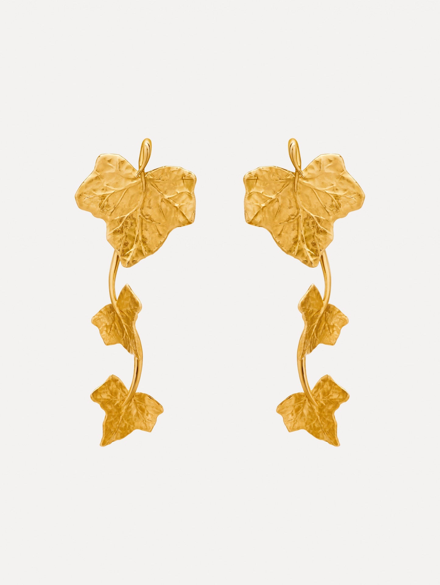 Gold Ivy Vine Drop Clip-On Earrings featuring sculpted ivy leaves along a curved drop design.