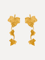 Gold Ivy Vine Drop Clip-On Earrings featuring sculpted ivy leaves along a curved drop design.