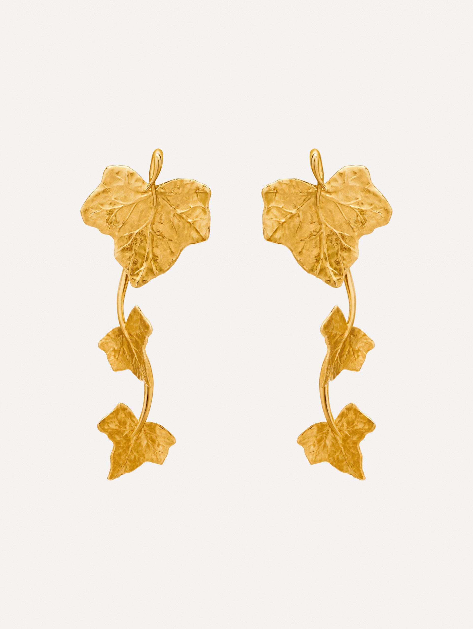 Gold Ivy Vine Drop Clip-On Earrings featuring sculpted ivy leaves along a curved drop design.