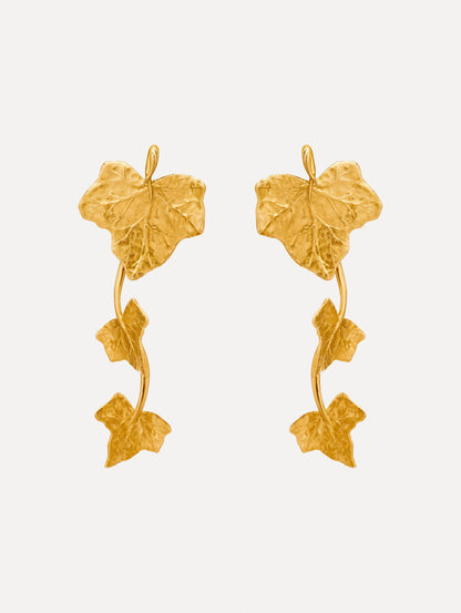 Gold Ivy Vine Drop Clip-On Earrings featuring sculpted ivy leaves along a curved drop design.