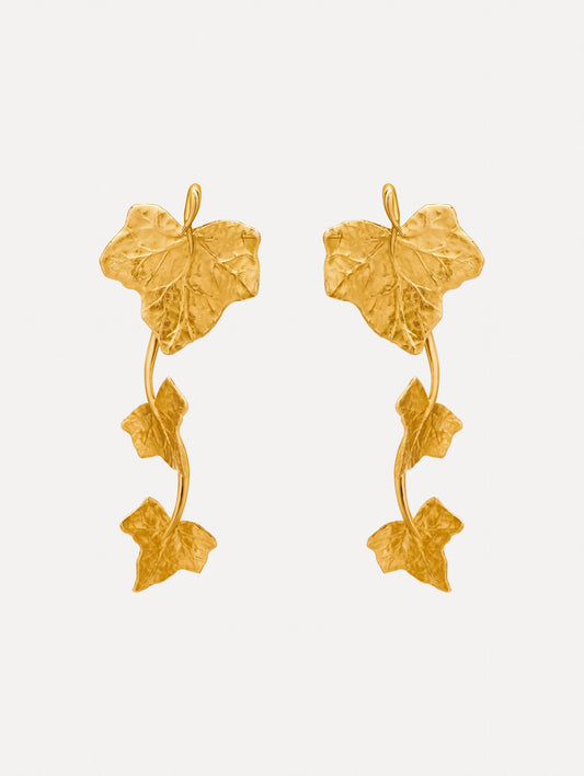Gold Ivy Vine Drop Clip-On Earrings featuring sculpted ivy leaves along a curved drop design.