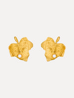 Gold Ivy Leaf Earrings featuring a textured finish and accented with a single small pearl at the base.