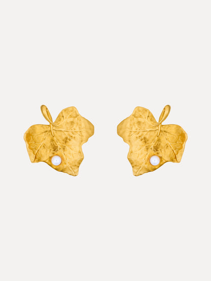 Gold Ivy Leaf Earrings featuring a textured finish and accented with a single small pearl at the base.