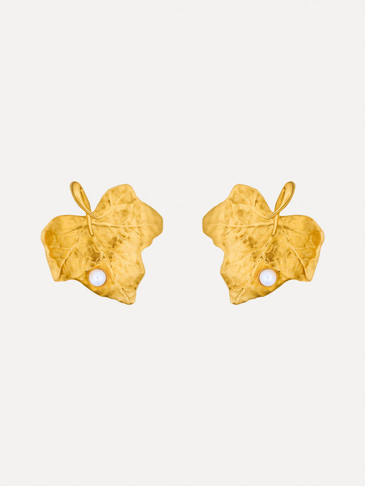 Gold Ivy Leaf Earrings featuring a textured finish and accented with a single small pearl at the base.