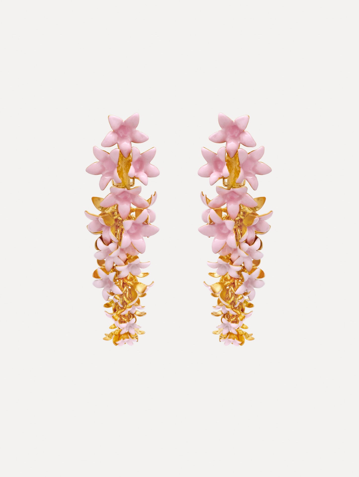 Pink Foxglove Earrings featuring layered enamel petals with gold accents.