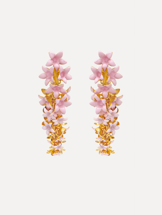 Pink Foxglove Earrings featuring layered enamel petals with gold accents.