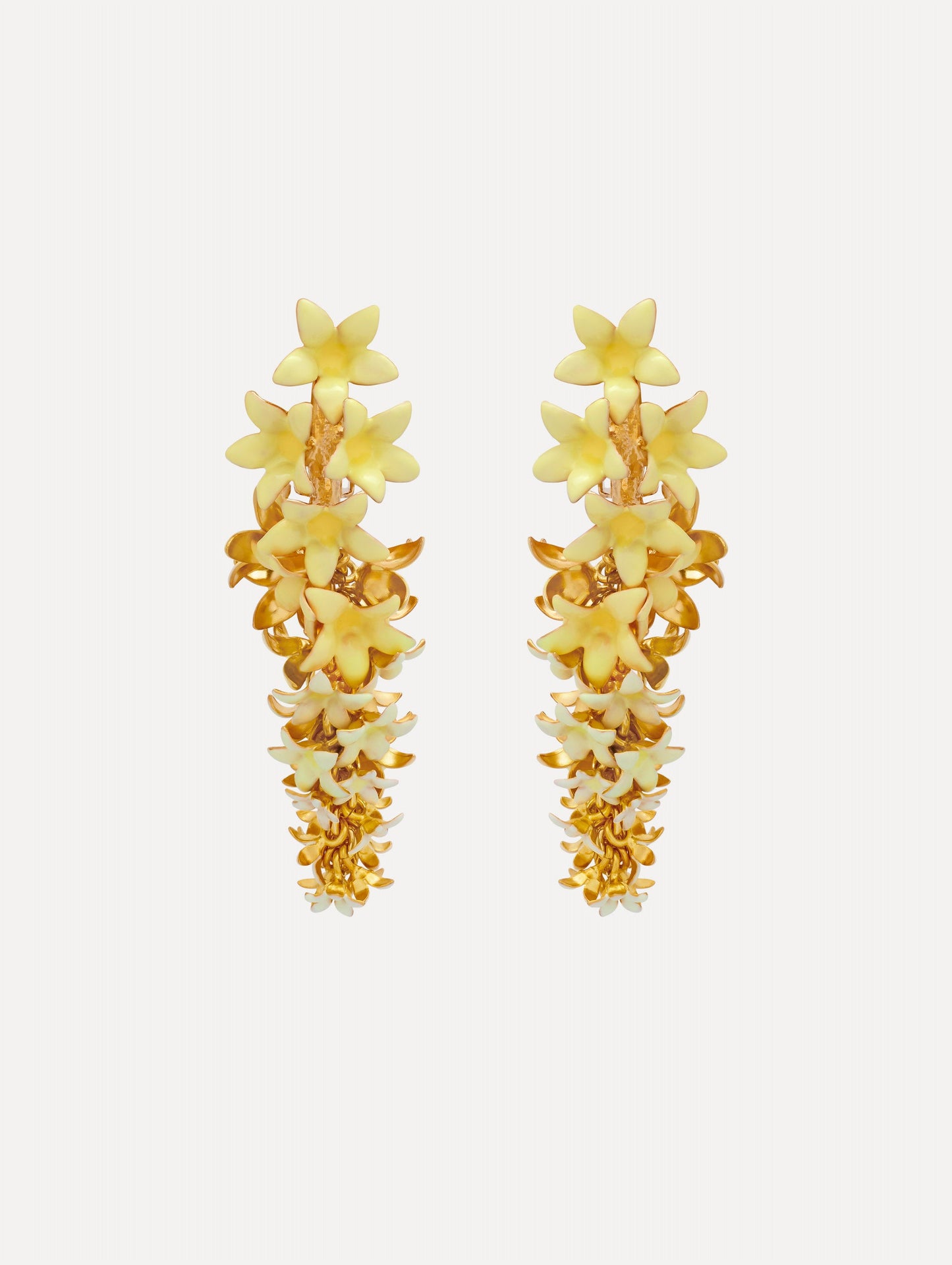 Yellow Foxglove Earrings featuring layered enamel petals with gold accents.